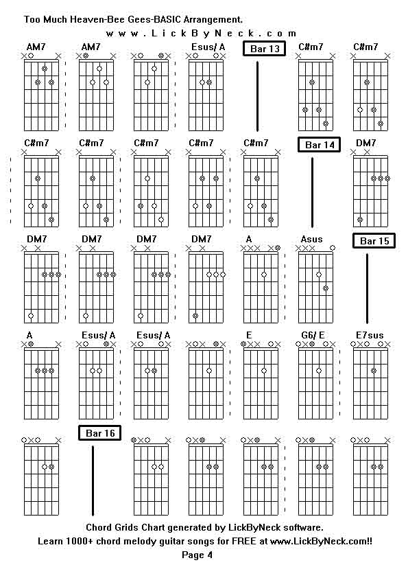 Chord Grids Chart of chord melody fingerstyle guitar song-Too Much Heaven-Bee Gees-BASIC Arrangement,generated by LickByNeck software.